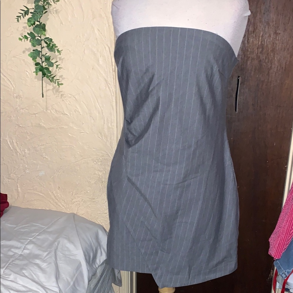 Gray Strapless Pinstripe Dress
